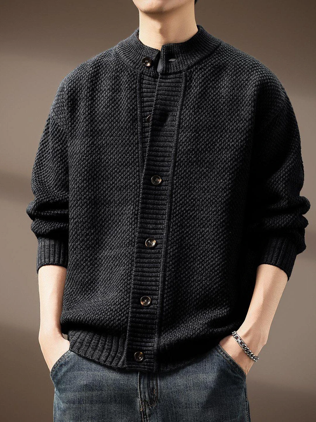 

High-End American Retro Thiened Warm Stand Collar Knitted Sweater Coat for Men Winter New Sle Comfortable Cotton Blend
