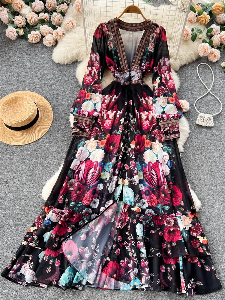 Vintage New Temperament Dresses Women Clothing 2024 Vestidos De Mujer Single Breasted Sweet Robe Femme Puff Sleeve Maxi Dress Wj