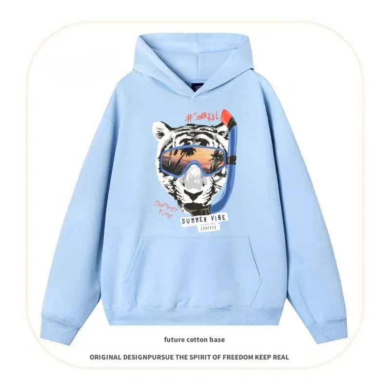 

"Summer Vibe" Diving White Tiger Print Hooded Sweatshirt, Trendy and Fun Style, Unisex, Autumn and Winter Personalized Top