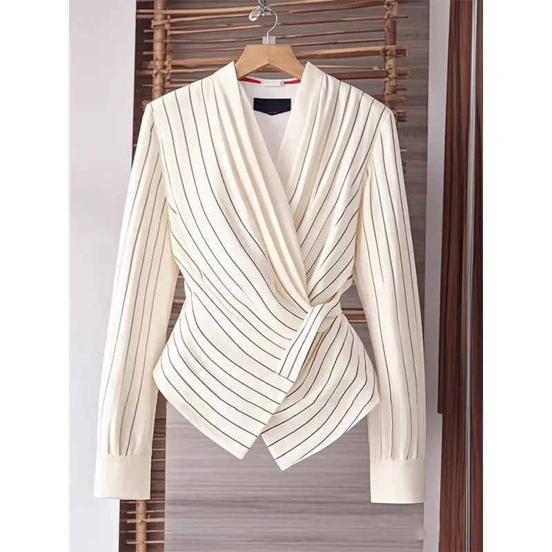 

Autumn New Fashion Unique Waist Cinched Shirt Women Clothing French Luxury Commuter Striped V-neck Long Sleeve Blouses Women Top