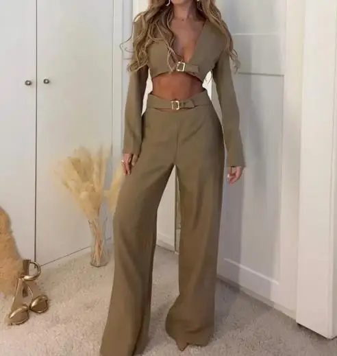 Tweedelige set damesoutfit 2025, lente herfst nieuwe effen kleur V-hals crop top met lange mouwen en hoge taille broek met rechte pijpen