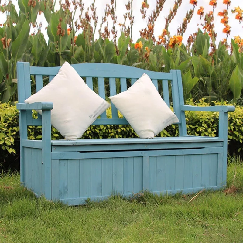 2026 New：48in Wooden Outdoor Storage with backrest, 2-Seater Patio Garden, Weatherproof Style Storage Box