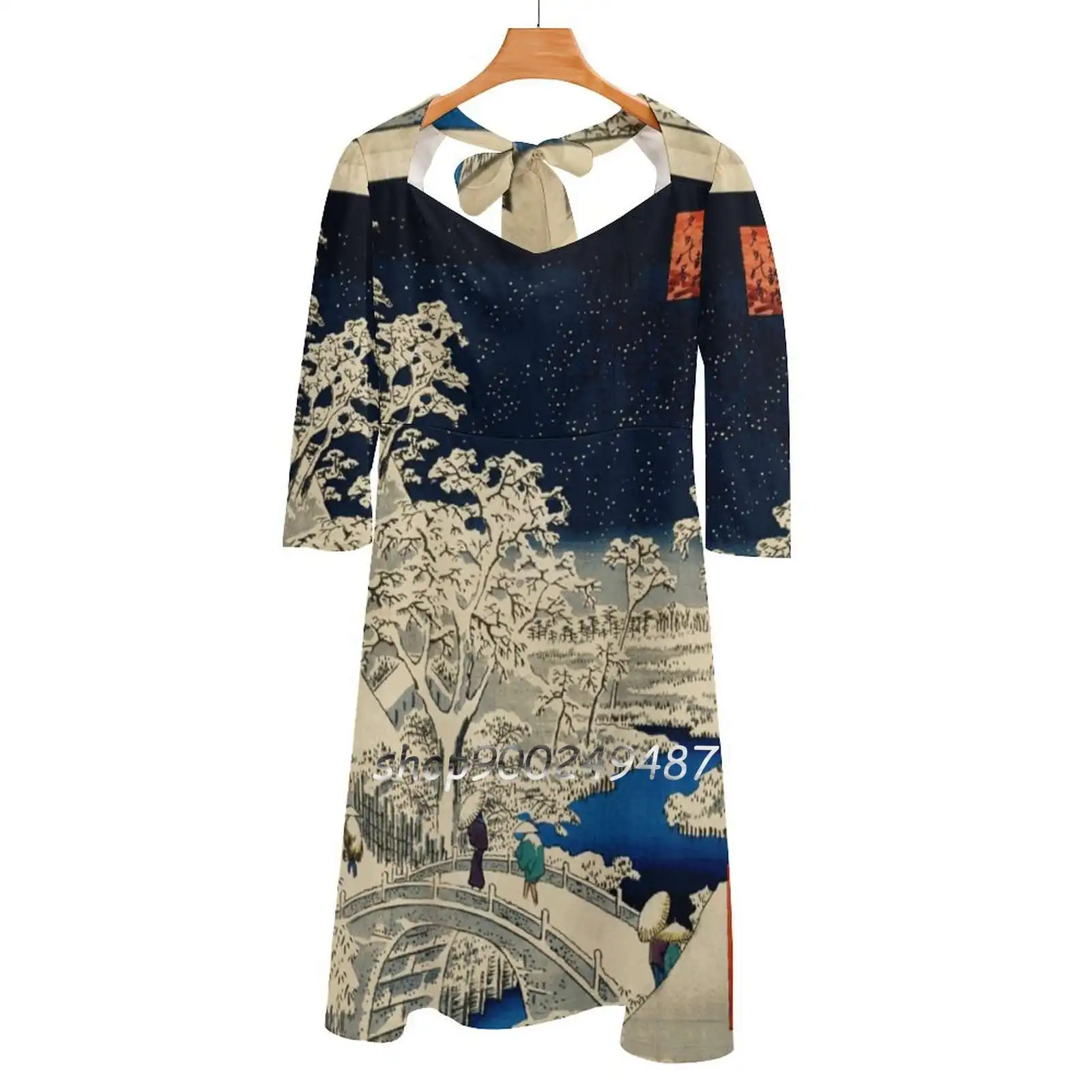 Ukiyo-E , Ando Hiroshige Yuhi Hill And The Drum Bridge At Square Neck Dress Sweet Summer Dress Women Elegant Halter Print Dress