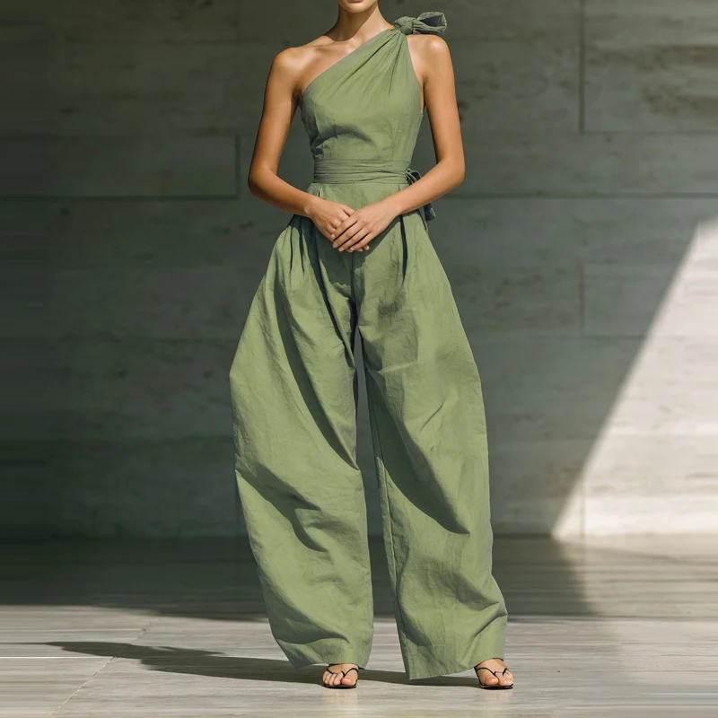 

Casual Pocket High Street Rompers Fashion Slant Collar Sleeveless Women Jumpsuit Summer Simple Asymmetric Loose Office Playsuit