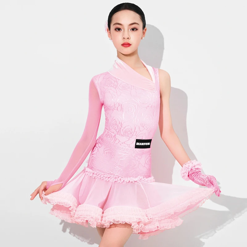 2024 Girls Latin Dance Clothes Fairy Rose Lace Slant Shoulder Tops Fluffy Skirt Kids Cha Cha Dance Competition Dress DNV20927