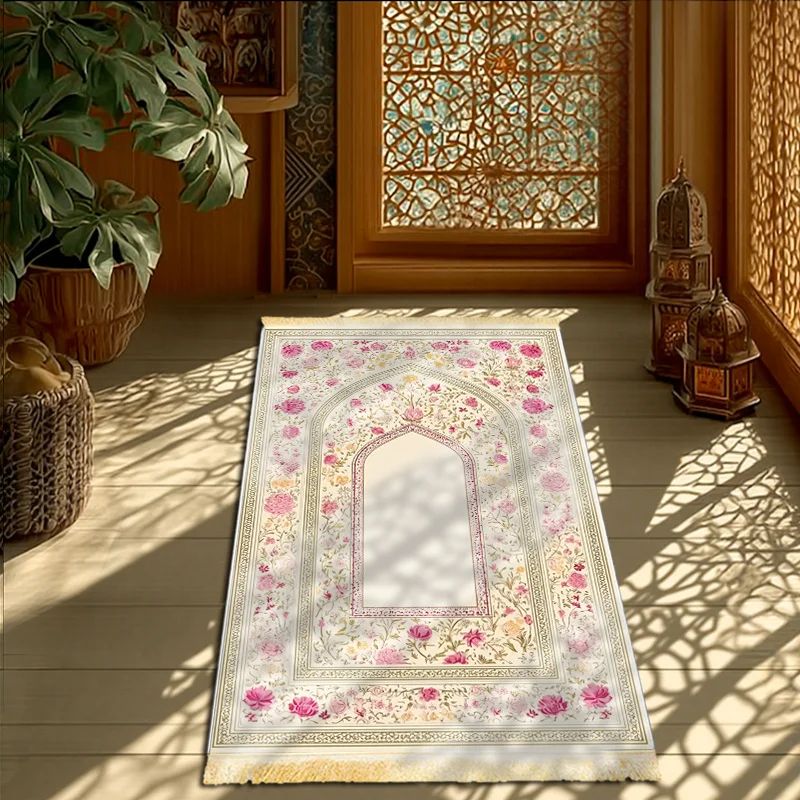 VIKAMA Pink Gold Floral Arch Design Prayer Rug Muslim Prayer Mat for Non Slip Carpet for Bedroom Living Room Travel Decor