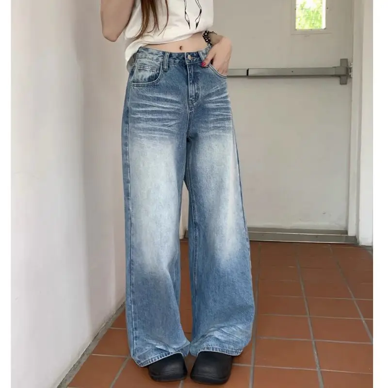 QWEEK Y2K Vintage Jeans Women High Waist Korean Streetwear Wide Leg Pants Harajuku Casual Oversize Washed Denim Trousers Summer