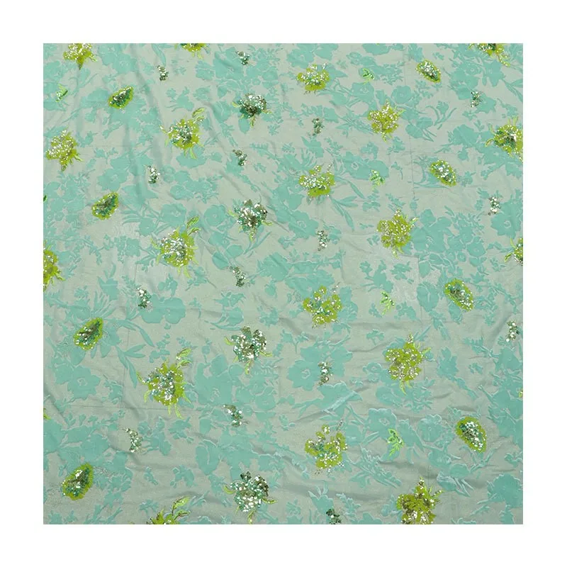 Blue three-dimensional flower real silk woven golden sequin embroidery georgette evening performance women's clothing fabric