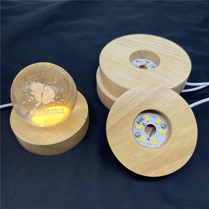 Wood Round LED Night Light Base Art Display Holder USB Lamp For Crystals Glass Ball Resin Art Decoration 100mm