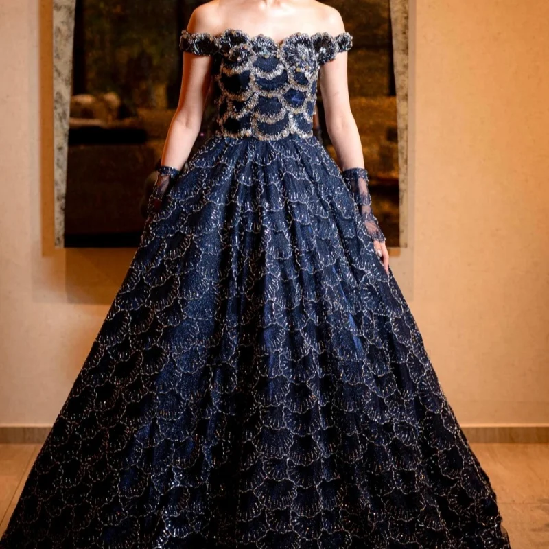 

Shiny Dark Blue Quinceanera Dresses Off the Shoulder Crystal Glitter Decal Long tail Vestidoe 15 Quinceanera Customize