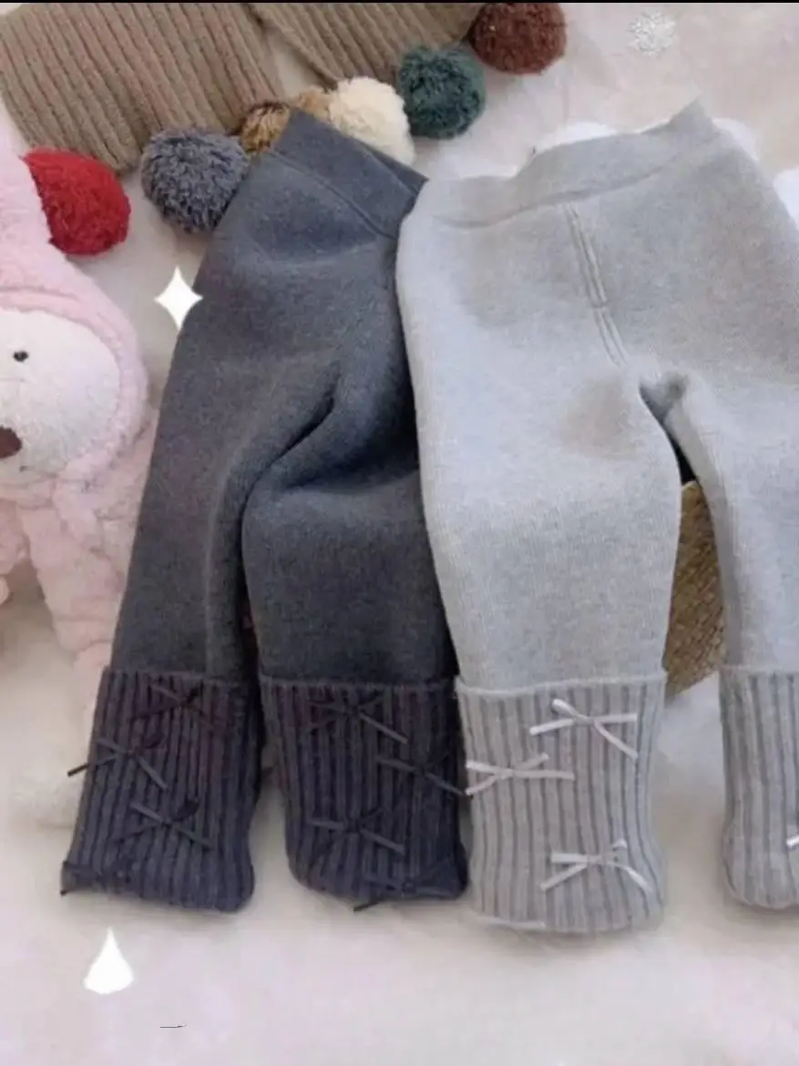 

Thiened Fce Winter Trousers for Girls Sweet Knot All-Match Warm Base Layer Long Pants Korean Sle Baby Clothes