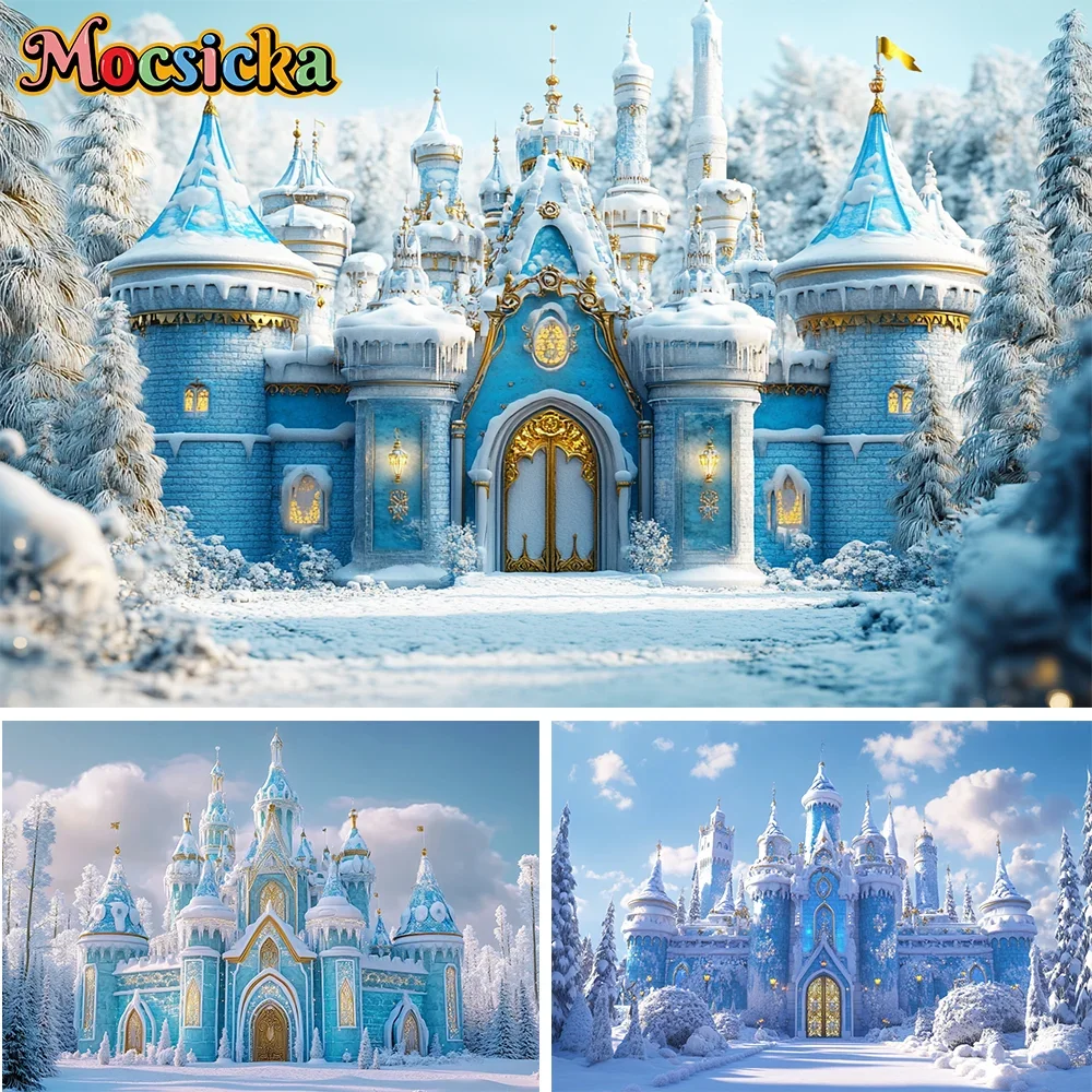 Mocsicka Girl Birthday Winter Frozen Backdrop Snow Castle Ice Crystal Curtains Party Photography Decorations Shooting Background