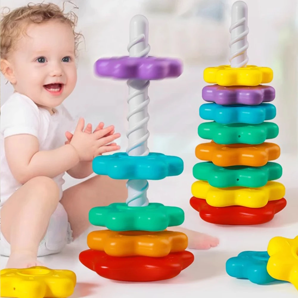 Montessori Baby Rotating Rainbow Tower Stacking Toy Early Education Enlightenment Intellectual Development Toys Gift for Toddler