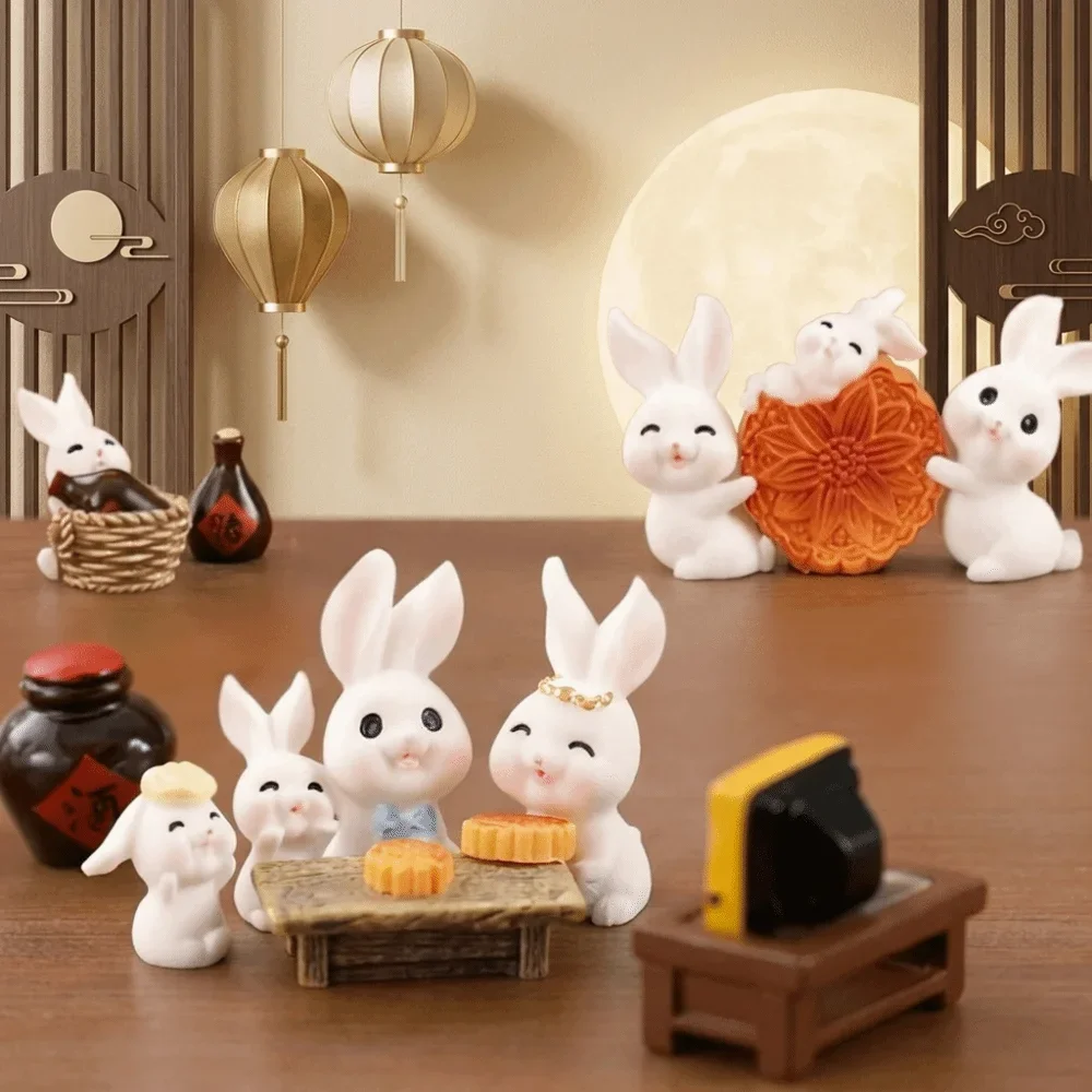 Resin Mini Ornaments White Rabbit Mooncake Micro Landscape Decor Cartoon Small Statue Mid-Autumn Festival Desk Figurines Home