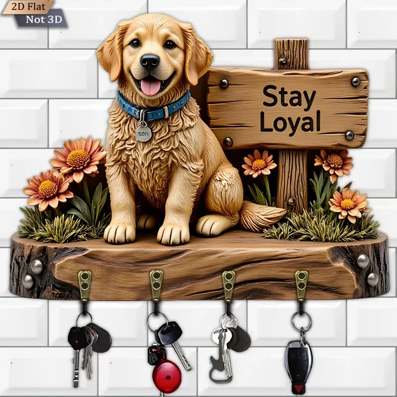 2D Flat, 1pc, Golden Retriever Wooden Plaque with Floral Theme Key Hook, Wooden Multi-functional Home Key Holder, Includes Four
