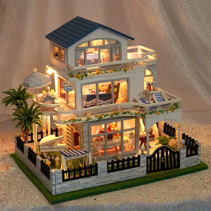 Nouveau bricolage en bois Mini bord de mer Villa Kits de construction miniatures maisons de poupée avec meubles Casa maisons de poupée pour amis cadeaux d'anniversaire