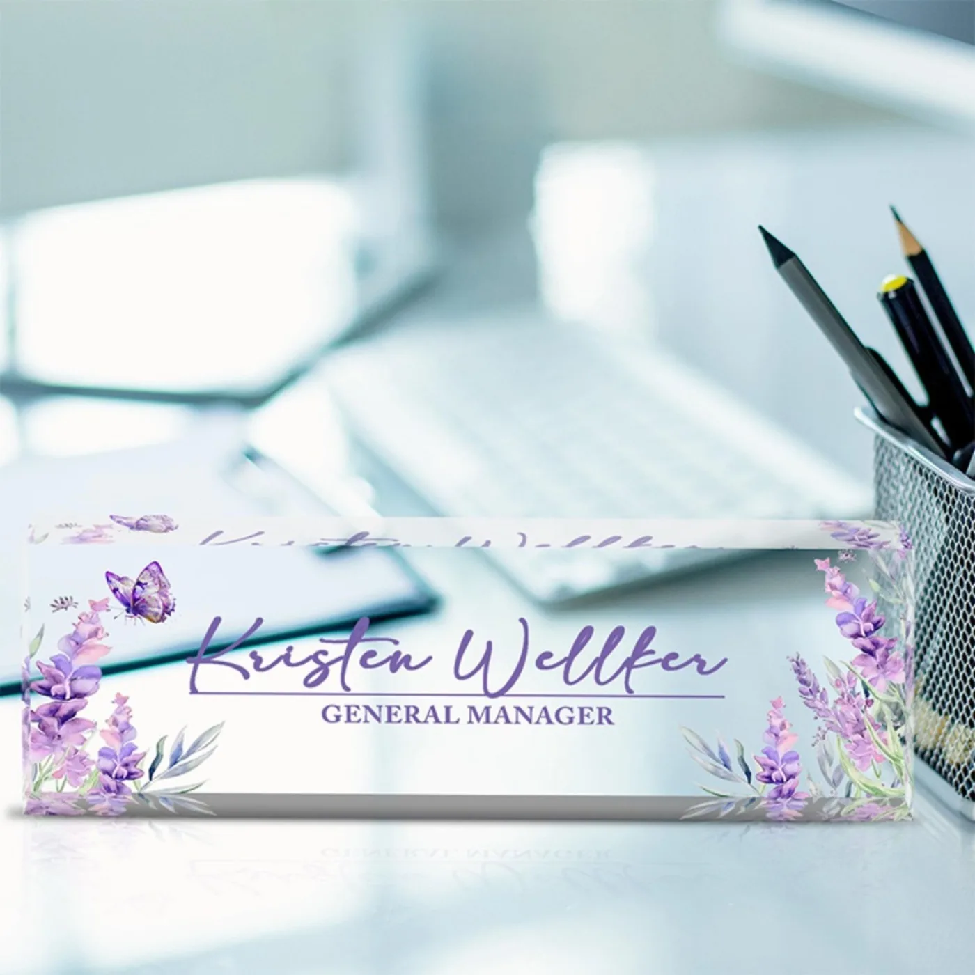 Custom Acrylic Desk Name Plate with Elegant Purple Floral & Butterfly Design, Office Decor (Only Decoration)