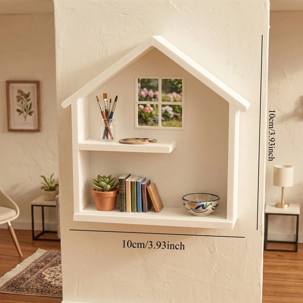 1pc Blank White Mini House Display Shelf Shadow Box, Miniature Storage Rack with 4-Pane Simulated Window Cutout