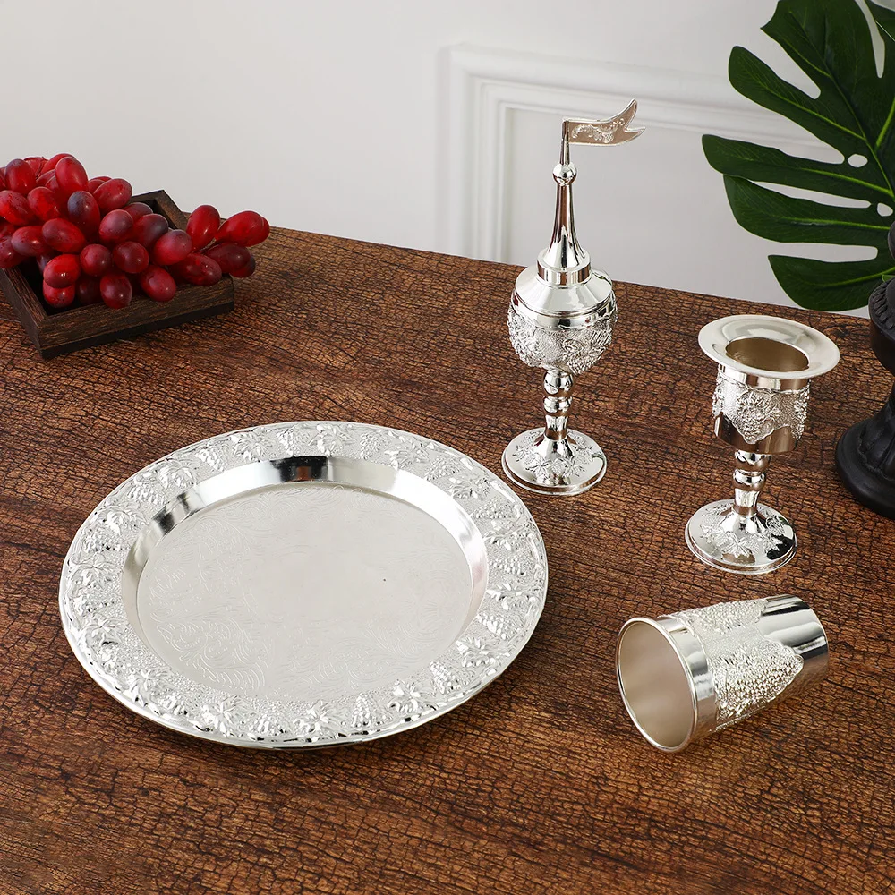 4pcs Set,Kiddush Wine Glass Cup and Tray,Havdalah Candle Holder,Besamim Spice Box Suitable for The End of The Sabbath