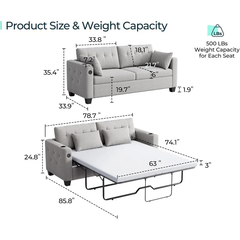 Pull Out Sofa Bed, Queen Sleeper Sofa Couch with Memory Foam Mattress and Solid Wood Bed Frame, Covers Removable