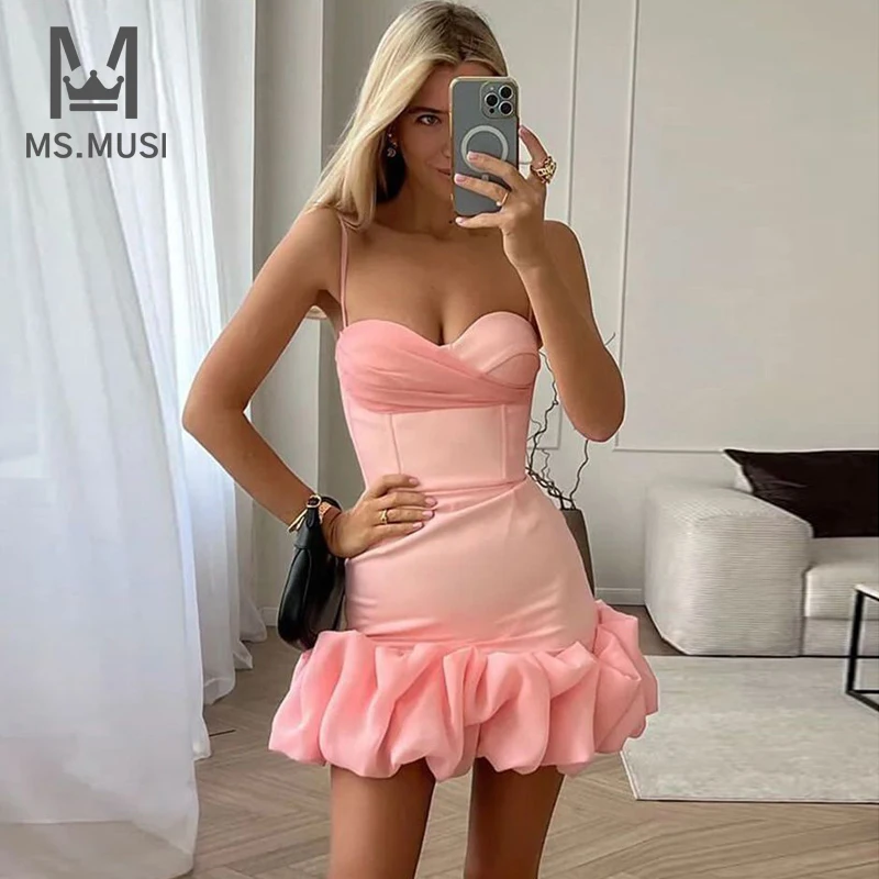 MSMUSI 2024 nowa moda damska seksowna siateczka z koronką Falbala falffles bez rękawów Bodycon do klubu na imprezę impreza Slim Mini sukienka Vestidos