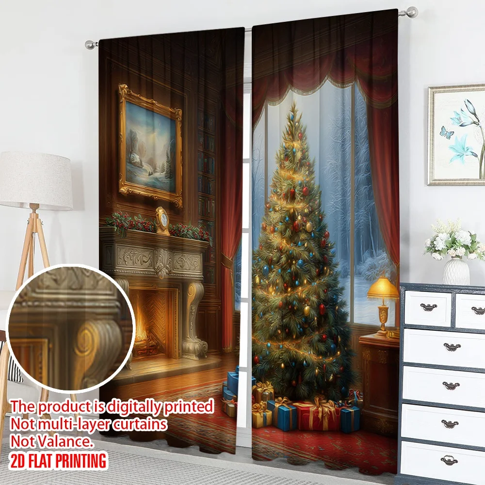 2 قطعة 2D الطباعة المسطحة عيد ميلاد سعيد الستائر مريحة شجرة عيد الميلاد الموقد الرقمية المطبوعة البوليستر الستائر الربيع استخدام ل #5