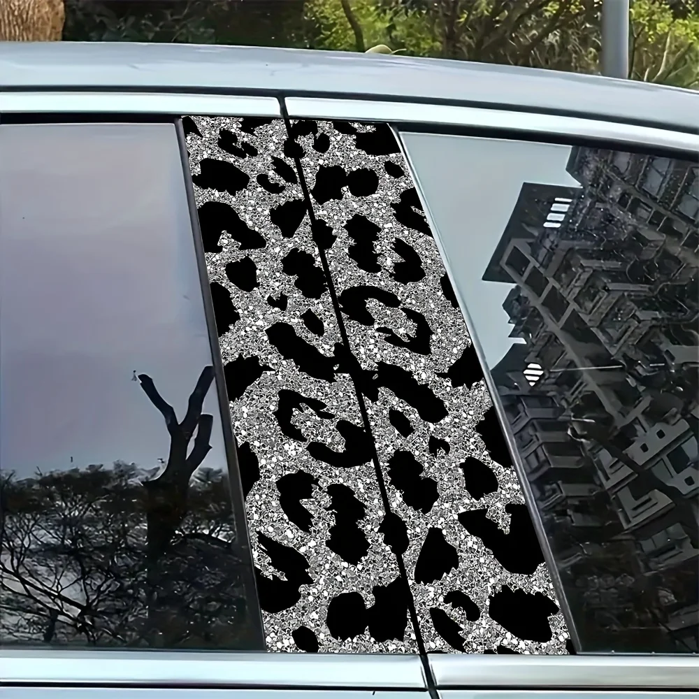 Gray-black Leopard Print 2PC Car B-pillar Protection Sticker Sunscreen Waterproof Scratch-proof Car Decoration Decal One-time