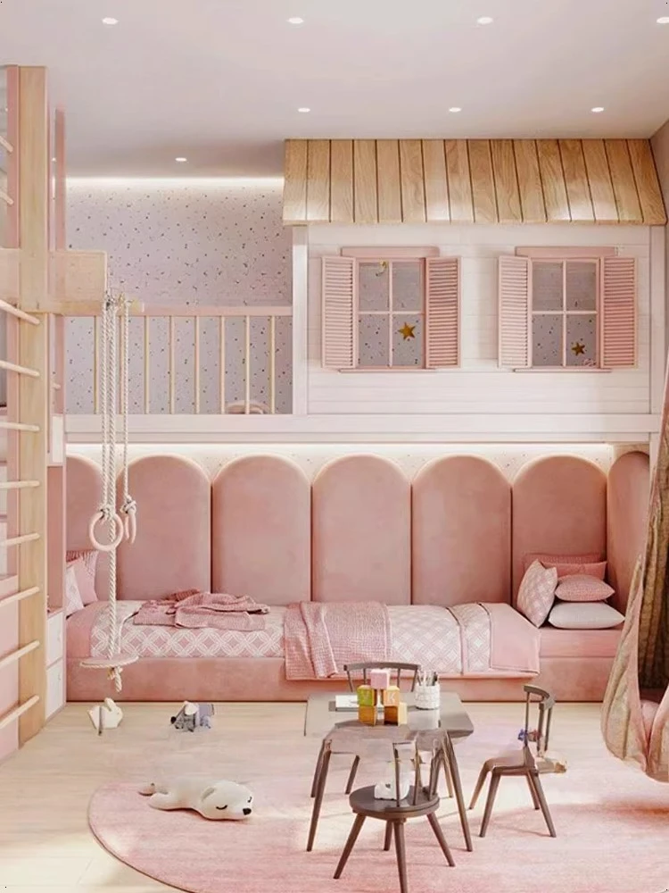 Tempat tidur putri dari kayu solid untuk anak-anak, tempat tidur multifungsi yang dapat diubah menjadi sofa, lucu.