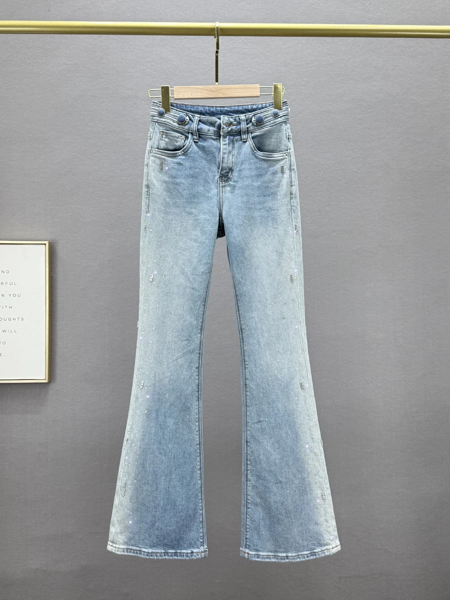 

Heavy Duty Rhinestone Denim Micro Flared Pants Women's High Waist Slimming Long Jeans Spring 2025 New Style European Fashion