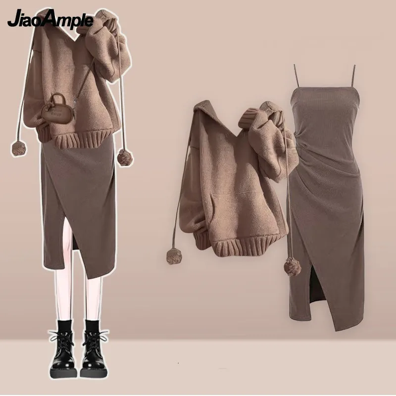

Women Fall Winter New Vintage Hooded Knit Sweater+Sexy Slit Sling Skirt 2-piece Suit Korean Elegant Pullover Dress Matching Set