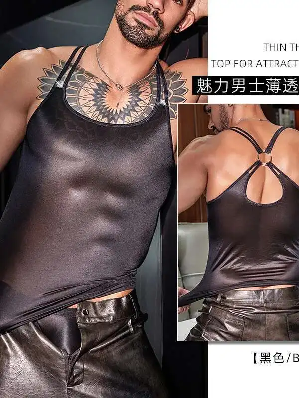 Sexy Visible Muscles Temptation Men's Sex Underwear Thin Transparent Hanging Neck Vent Suspenders Sleeveless Backless F2NN