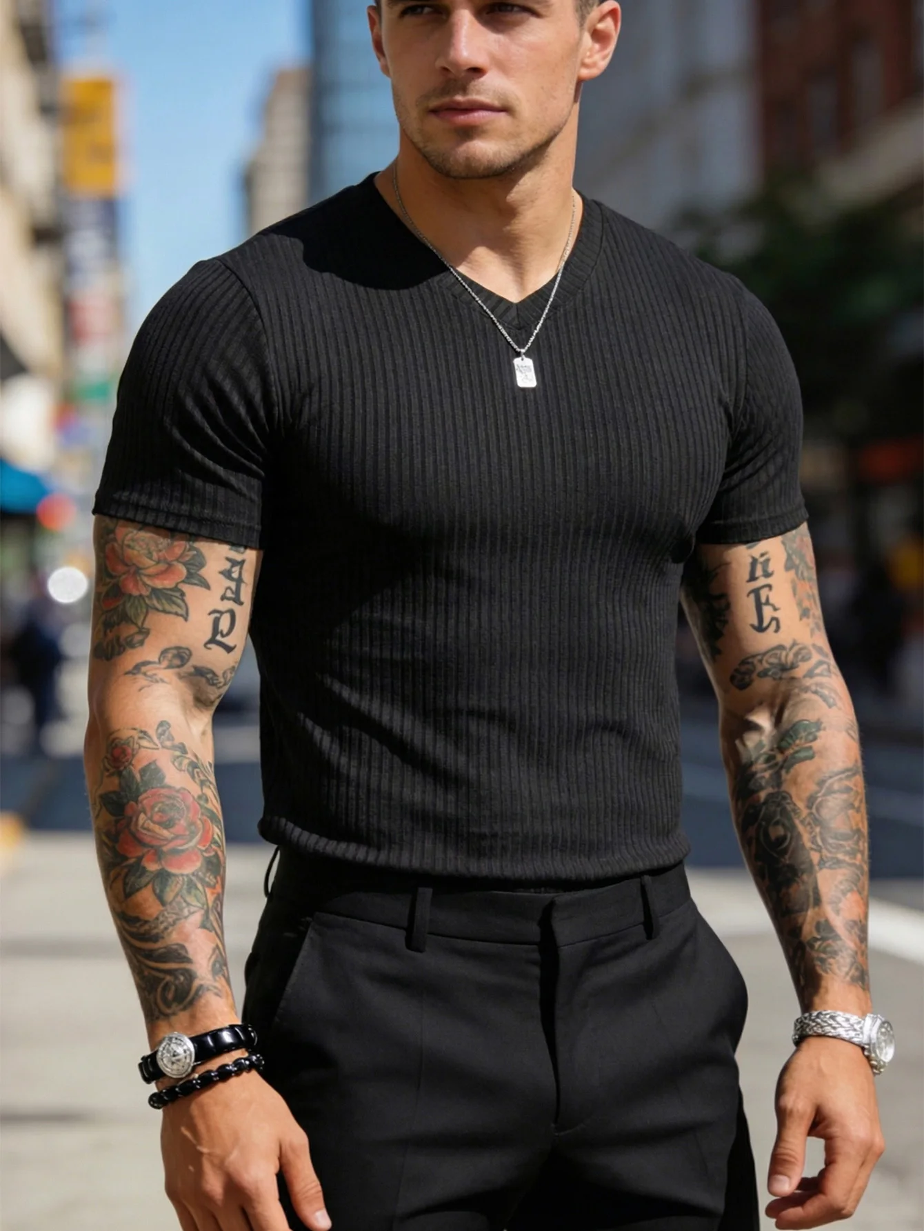 Men's Ribbed Knit V-Neck T-Shirt Slim Fit Muscle Tee High Stretch Gym Training Short Sleeve Tops Male Solid Color Fitness Vest