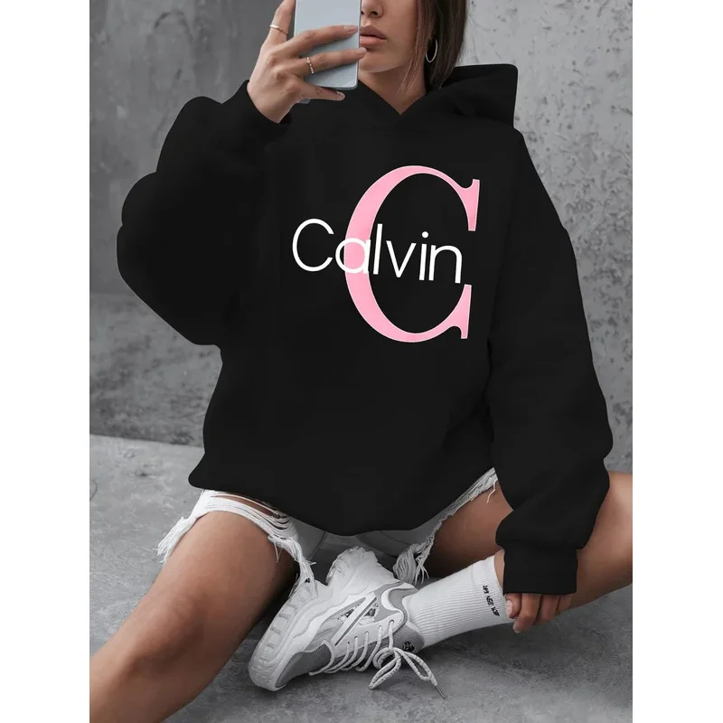 Calvin Sudadera con capucha gráfica para mujer de talla grande "Calvin" Sudadera con capucha gráfica - Jersey informal de manga larga con bolsillos ropa y2k