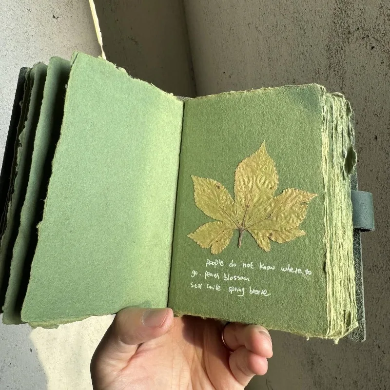 Raw Edge Handmade Fiber Paper Notebook Journal with Buckle Strap Retro Forest Style Diary for Sketching Collage Leaves