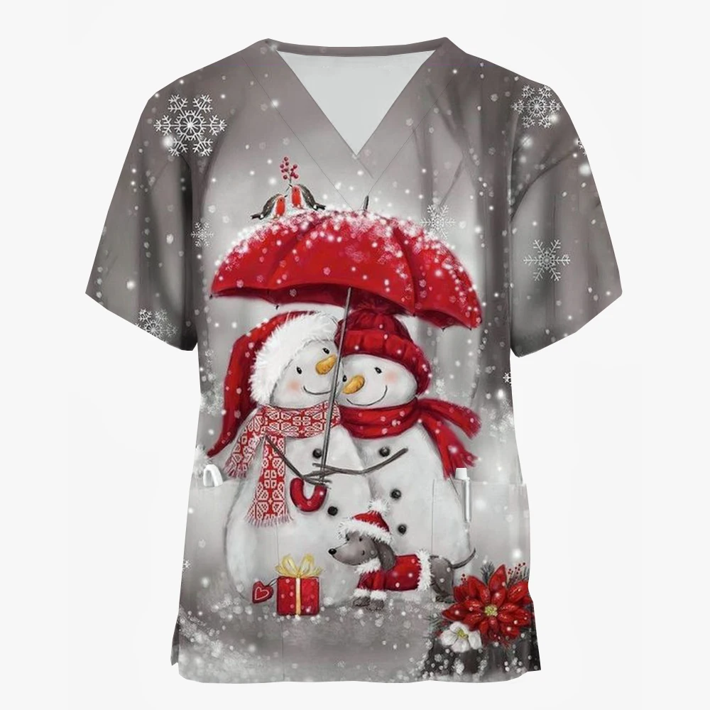 Christmas Nurse Uniform Scrubs Tops Womens Xmas Cartoon Elk Print Short Sleeve Pocket Overalls Uniforms Medical Nursing Blouse