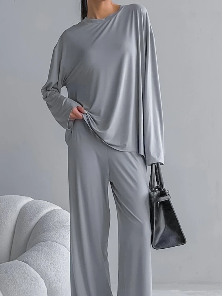 Spring New Round Neck Long Sleeved Pants Pajama Set Women's Solid Color Basic Top Casual Loose Home Clothing Suits  Sleepwear