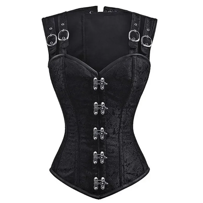 Steampunk Corset Top Shoulder Straps Overbust Bustier Vest Plus Size Jacquard Women Vintage Victorian Gothic Costume Black