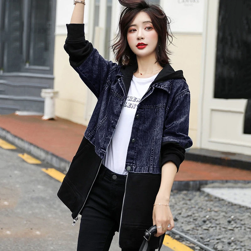  Women's Spring And Autumn TopsAutumn New Korean Version Casual All-match Windbreaker Mid-Length Hooded Stitching Denim