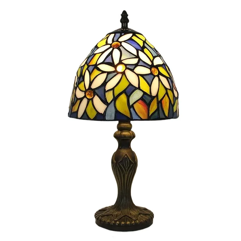 8 นิ้ว Retro Classic Stained Glass แสงสีขาวโคมไฟ American Church Home Art Decor ห้องนอนข้างเตียง Tiffany ตารางโคมไฟ