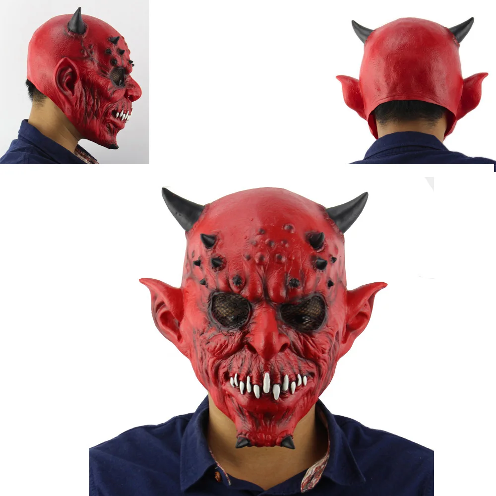 Cosplay espeluznante diablo rojo demonio toro mal cuerno oreja aterrador máscara de Halloween Horror divertido cara completa cubierta para la cabeza accesorios de disfraz de fiesta