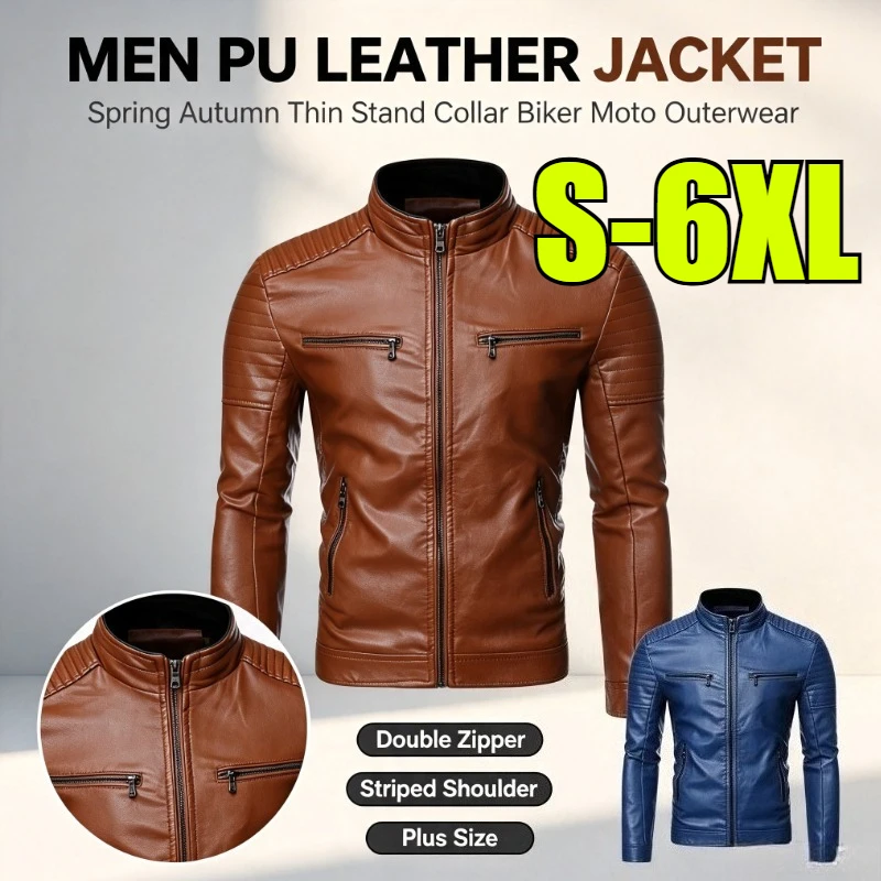 Men Spring Autumn Thin Stand Collar Striped Double Zipper Faux Leather Jacket Plus Size Biker Moto PU Outerwear Casual Male Coat
