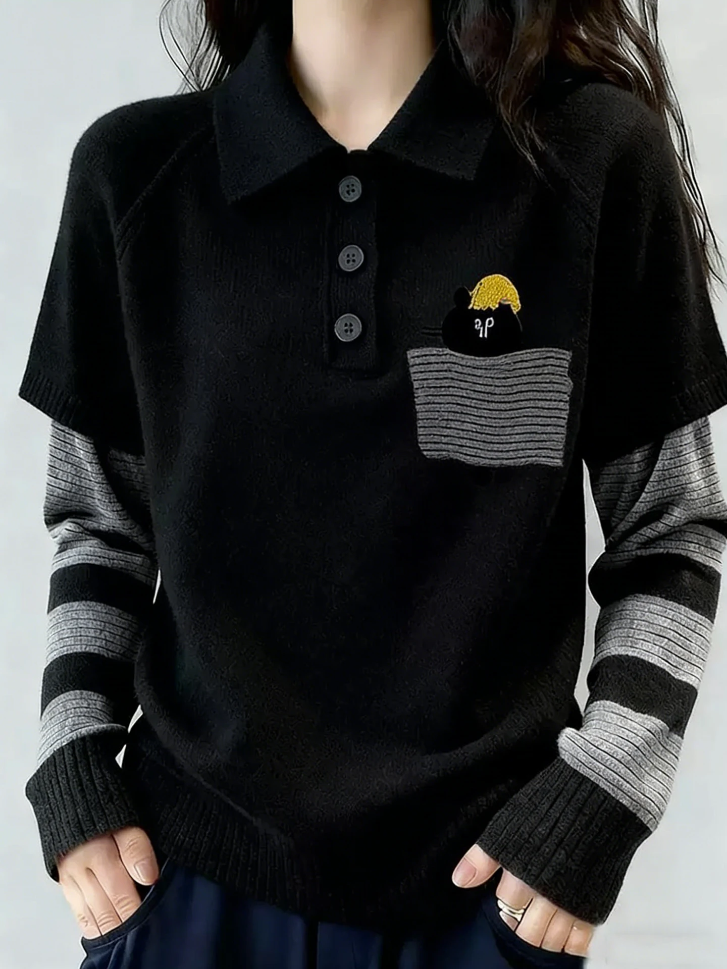 

Модный омолаживающий вязаный топ с длинными рукавами и цветовыми блоками для женщин, универсальный зимний трикотаж для повседневной носки