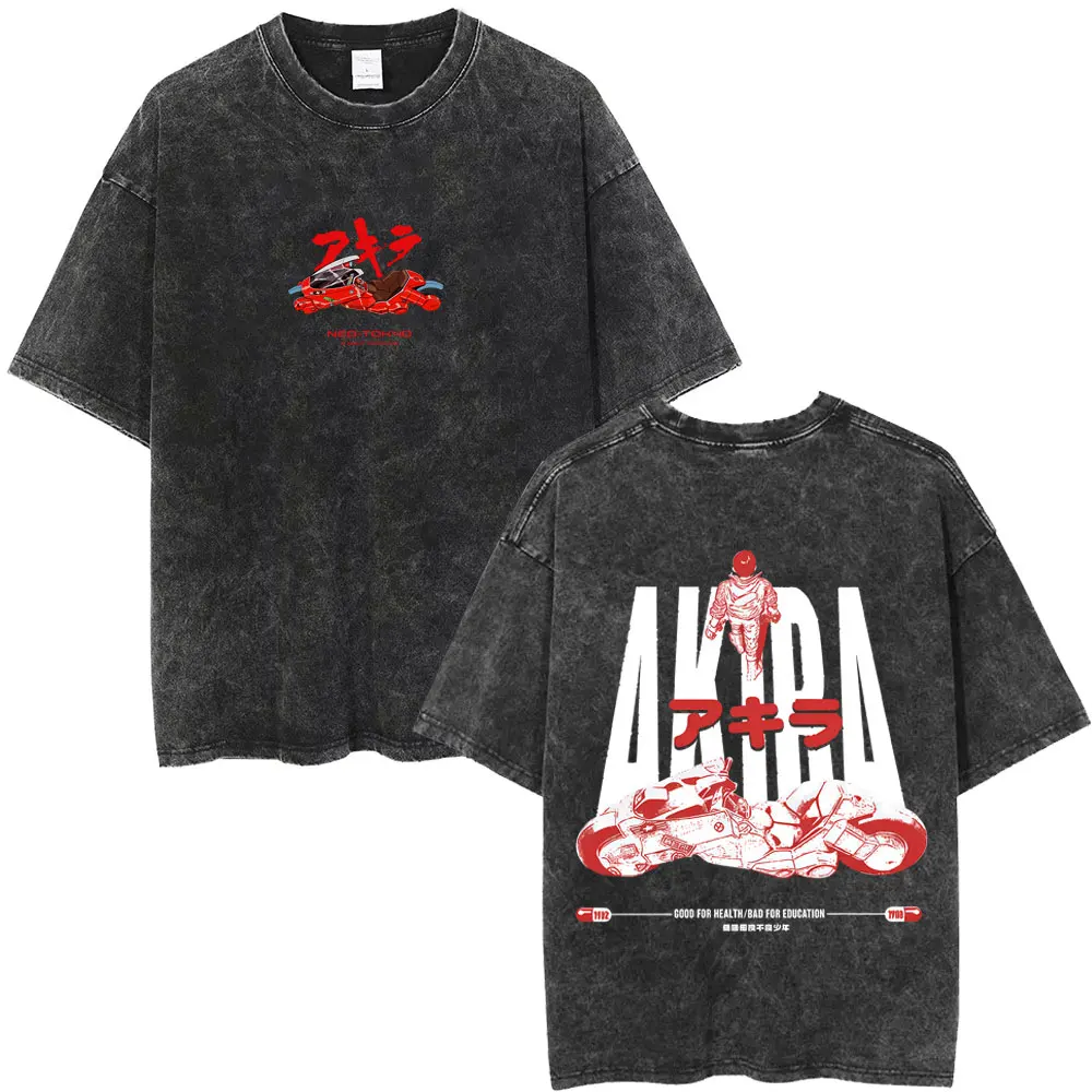 

Anime Akira Vintage Washed T Shirt Japanese Science Fiction Cartoon Movie Shotaro Kaneda Tshirt Men Manga Casual Cotton T-shirt
