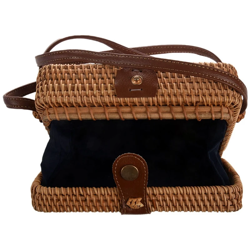 

2X INS New Ladies Hand-Woven Satchel Square Rattan Retro Literary Hand-Woven Leather Buckle Package Bohemia