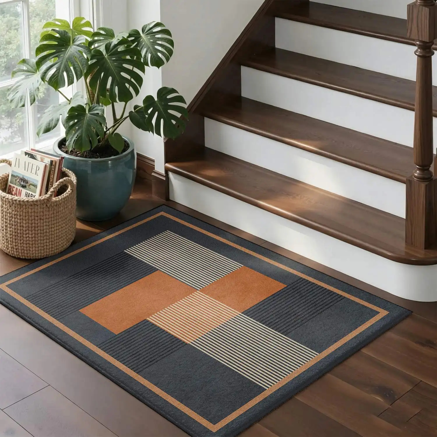 1Pc 2D Printed Gray-Orange Geometric Striped Carpet, Nordic/Modern Minimalist/European Style, Home Decor, Multi-Size, Machine-Washable, for Living Room, Bedroom, Dining Room, Entrance, Study