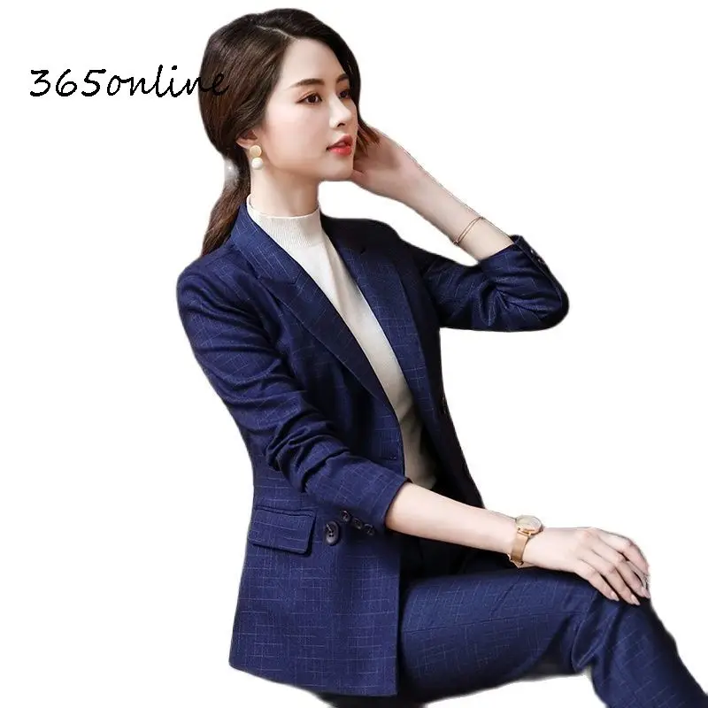 High Quality Fabric Elegant Plaid Ladies Office Formal Business Suits Pantsuits Women Work Wear Blazers OL Styles Trousers Set