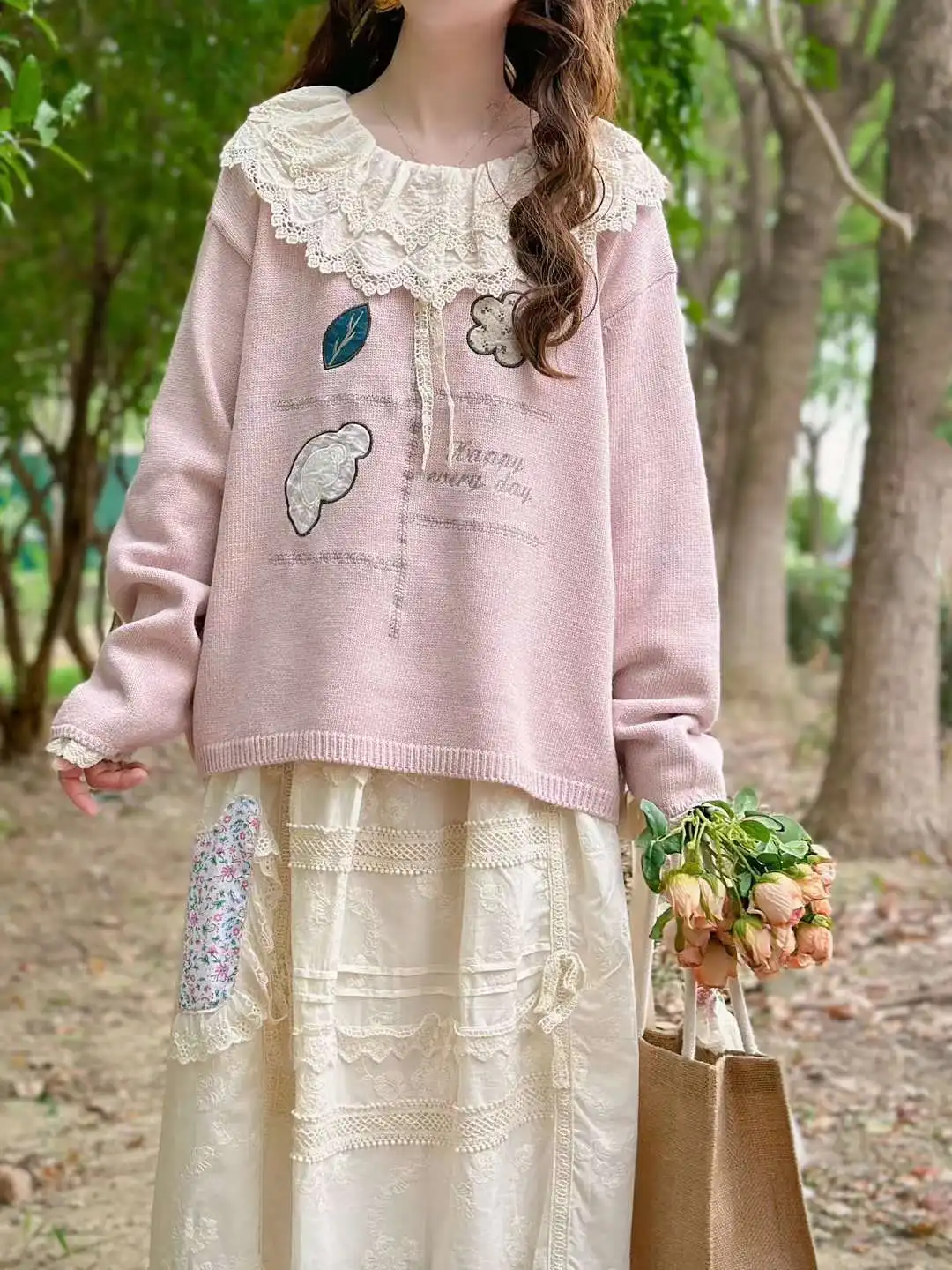 Japan Style Sweet Mori Girl Cartoon Embroidery Knitted Sweater Pullover Women Autumn Ruffles Collar Long Sleeve Sweater Tops