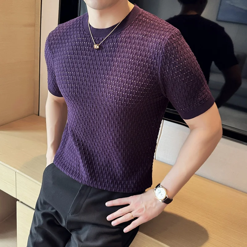 Summer Ice Silk Hollow Knitted T-shirts Men Round Neck Short Sleeve T-shirt Men's Elastic Round Neck Casual Business Tee Tops