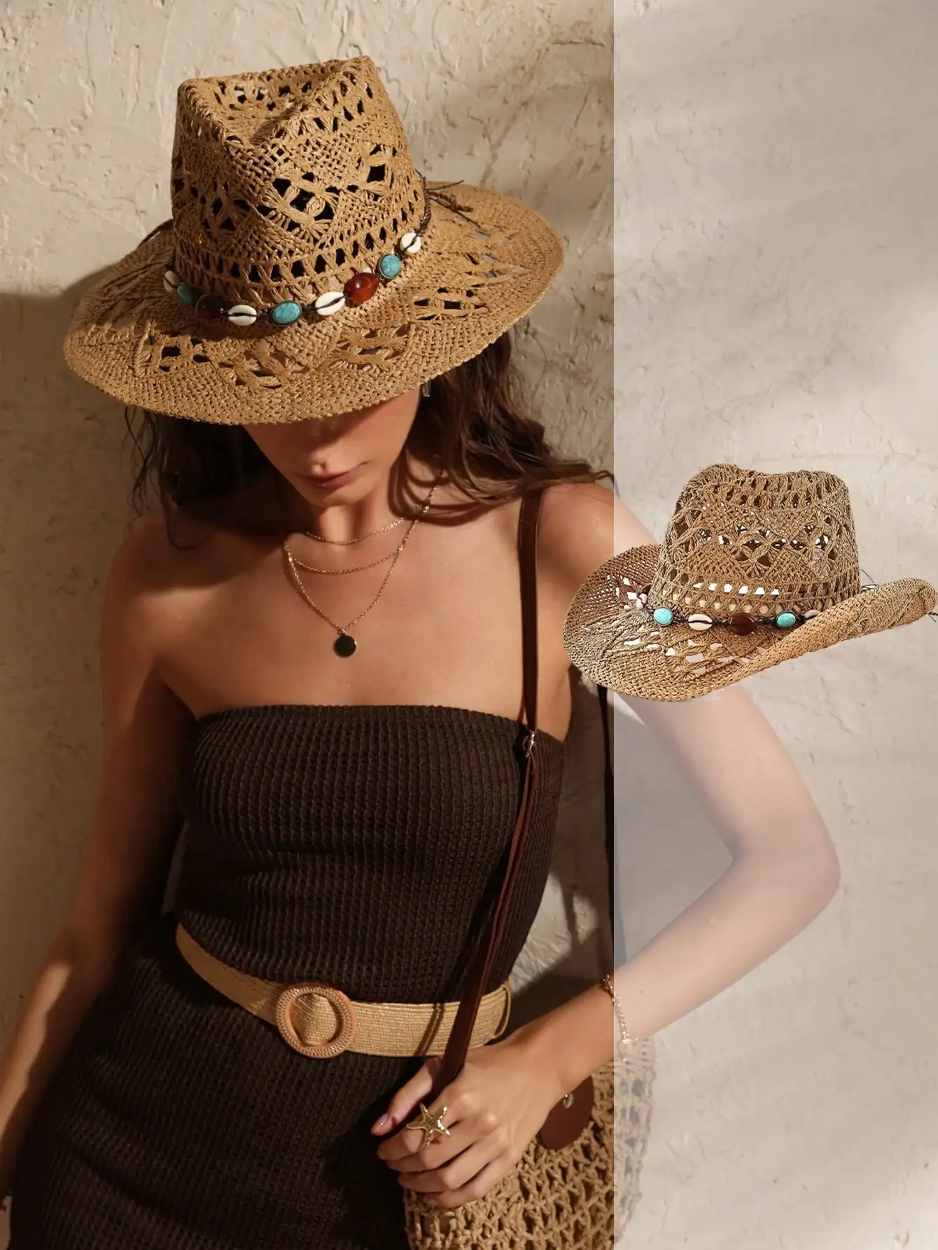 

Swim Chiccia 1pc Unisex Gemstone Decor Western Cowboy Hat, Hollow Print Straw Hat, Spring/Summer Travel Sun Beach Hat, Casual Sun Hat (After Receiving The Product, If The Brim Is Deformed, It Needs To Be Manually Adjusted Back)