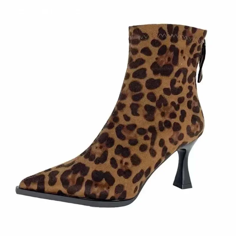 Leopard High Heels Ankle Boots Pointed Toe Fashion Suede Walking Shoes Brand Pumps Designer Dress Goth Botas Mujer